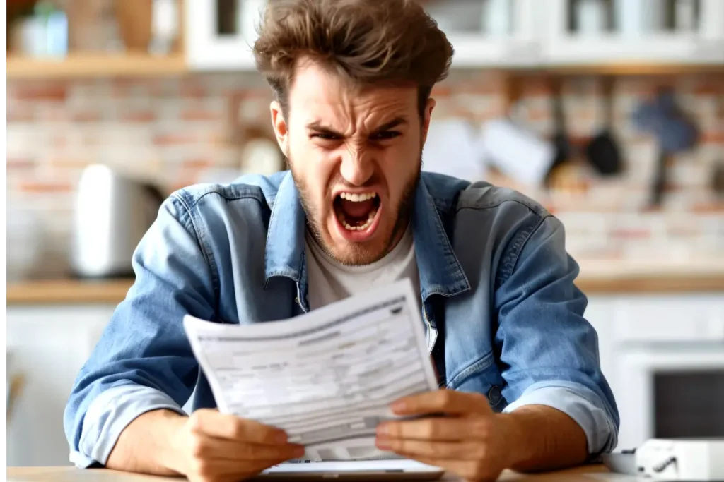 Homem gritando de raiva com um documento na mão