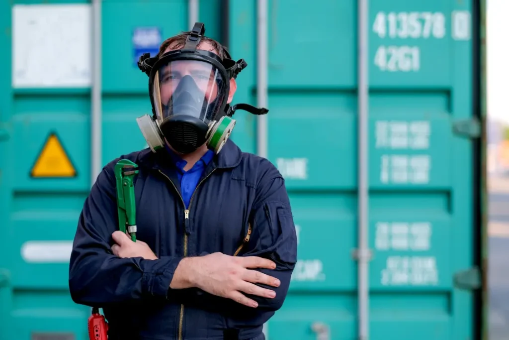 Homem de macacão de trabalho, com máscara de gás, em frente a um container