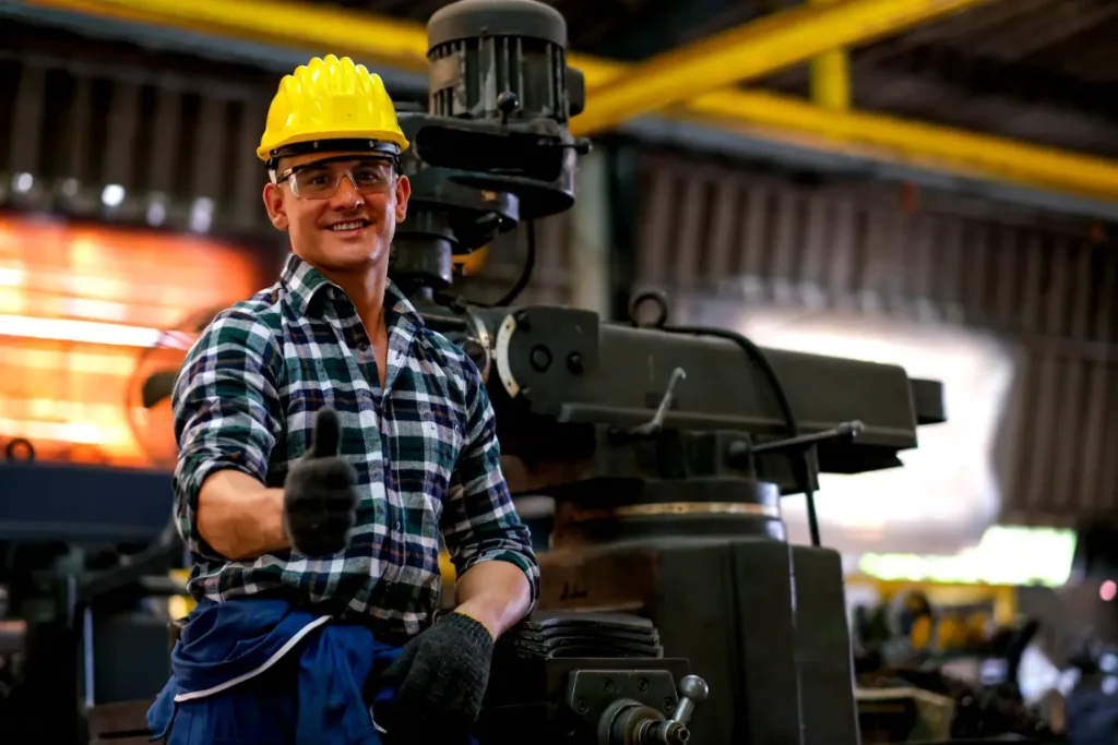 Homem trabalhador de indústria, faz positivo para a câmera, em frente a uma máquina pesada